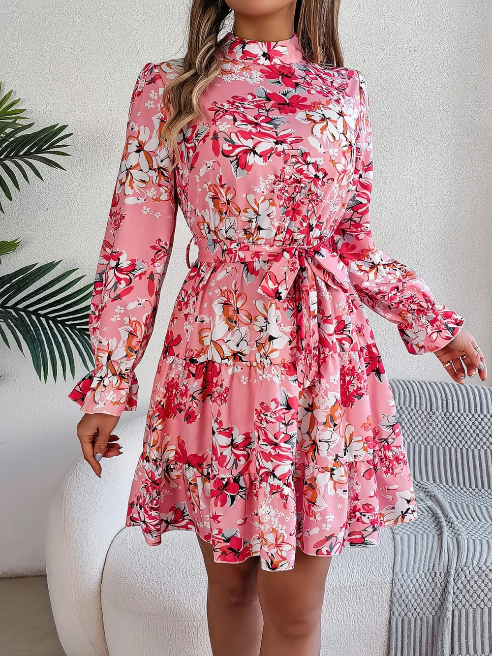 Printed Mock Neck Flounce Sleeve Mini Dress, image 3
