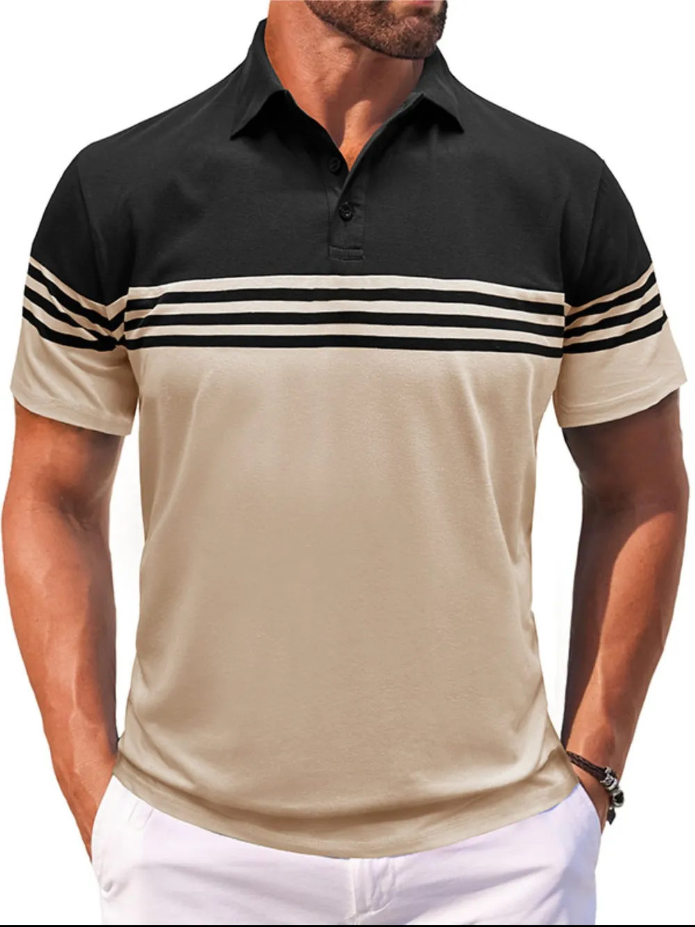 Men's Full Size Color Block Striped Polo Shirt Plus Size, image 12