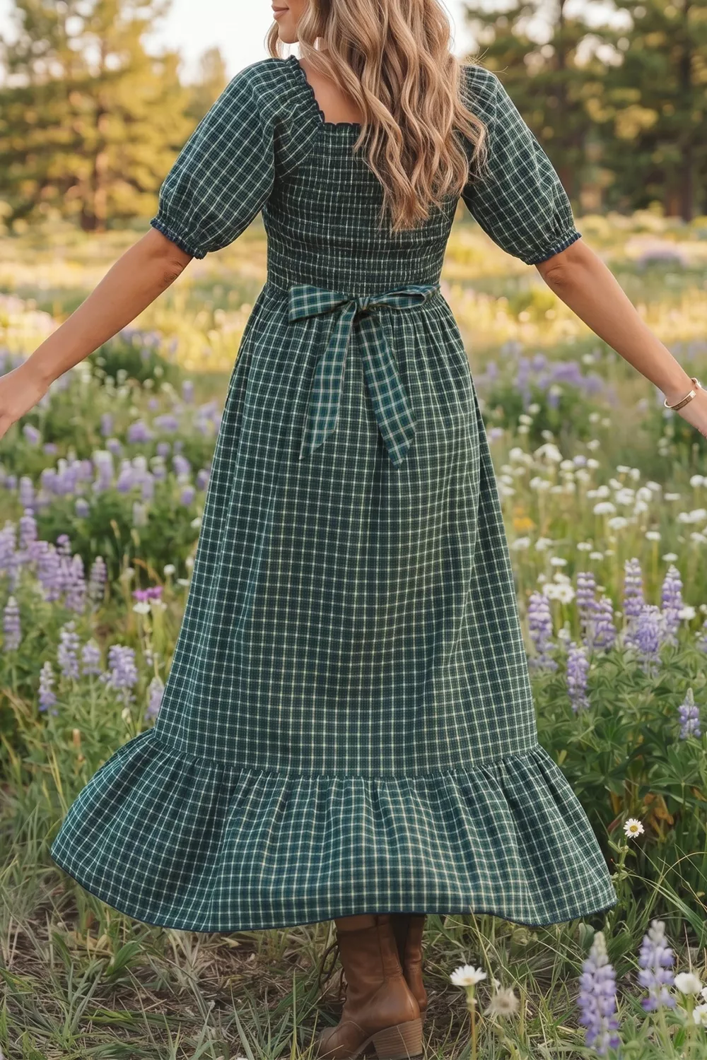 Plaid Square Neck Shirred High Waist Ruffle Hem Maxi Dress, image 4