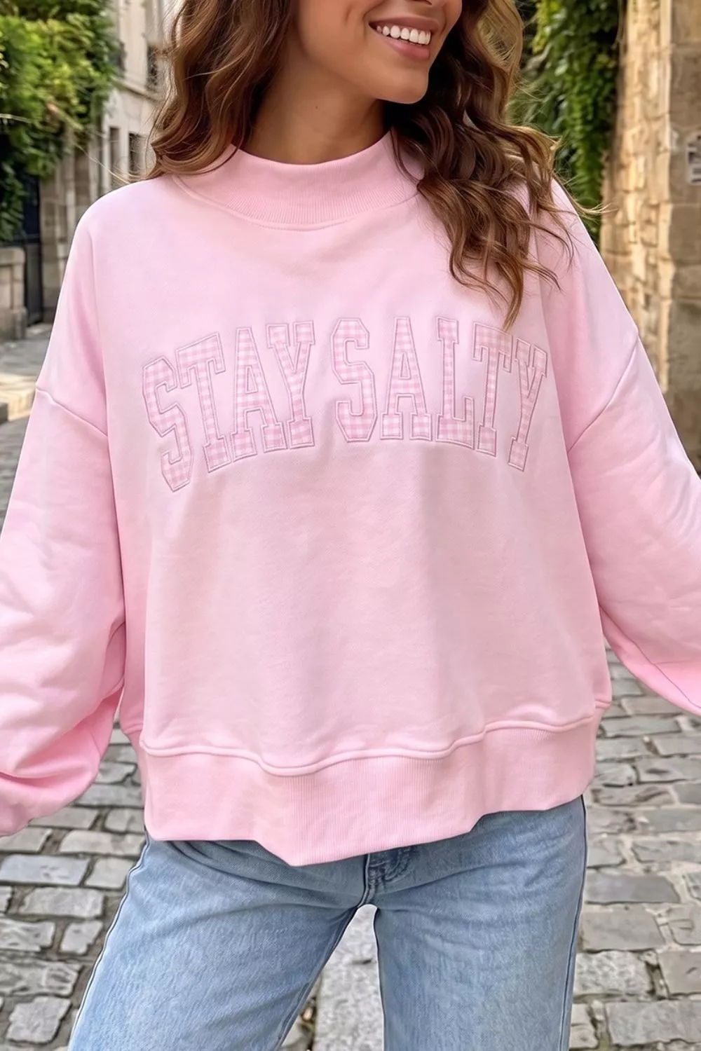 Embroidered Long Sleeve Stand Neck Shift Pullover Sweatshirt, image 2