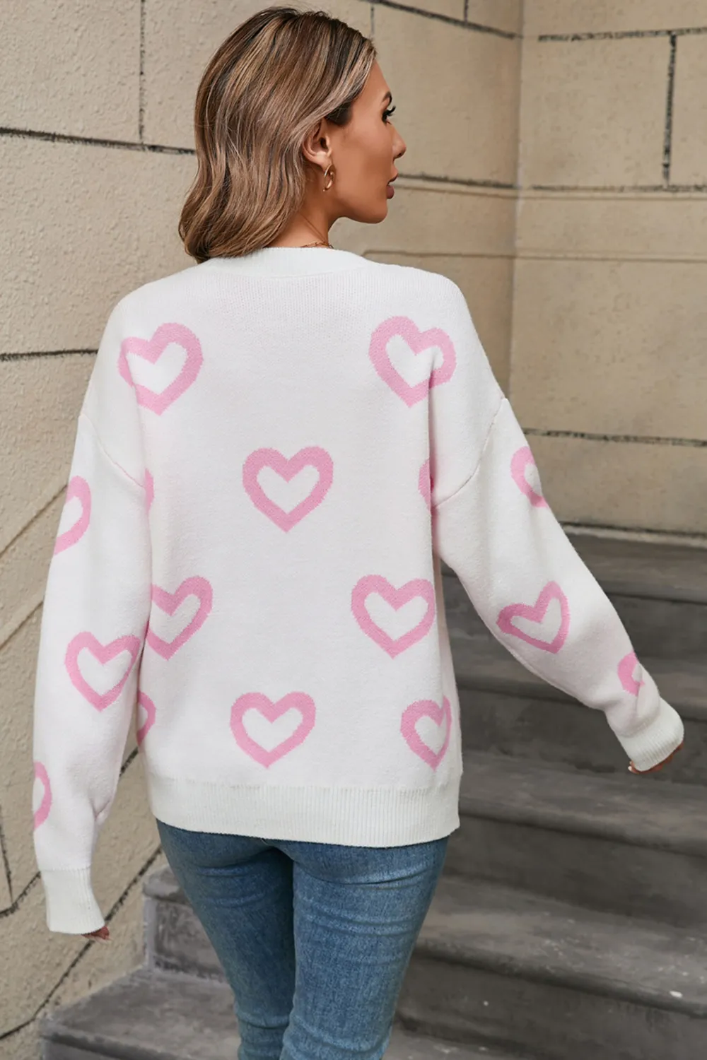 Heart Round Neck Dropped Shoulder Long Sleeve Sweater, image 2