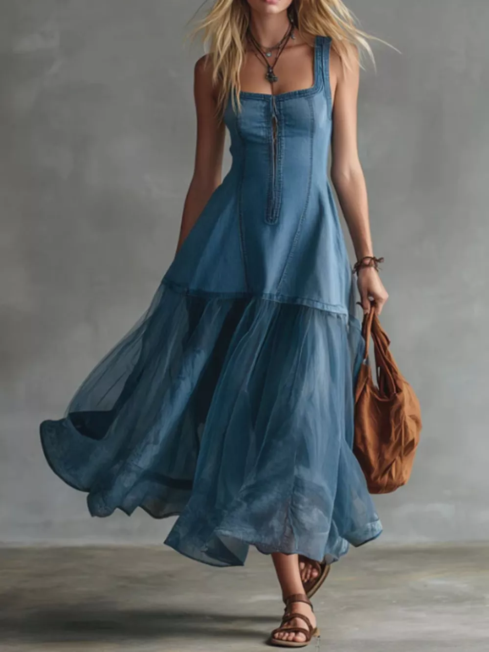 Sleeveless Tulle Patchwork Denim Dress