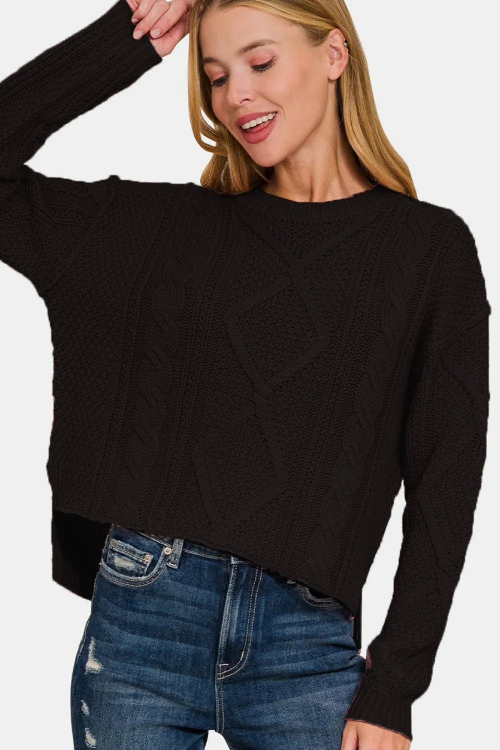 Cropped High Low Cable Sweater with Side Slits, image 3