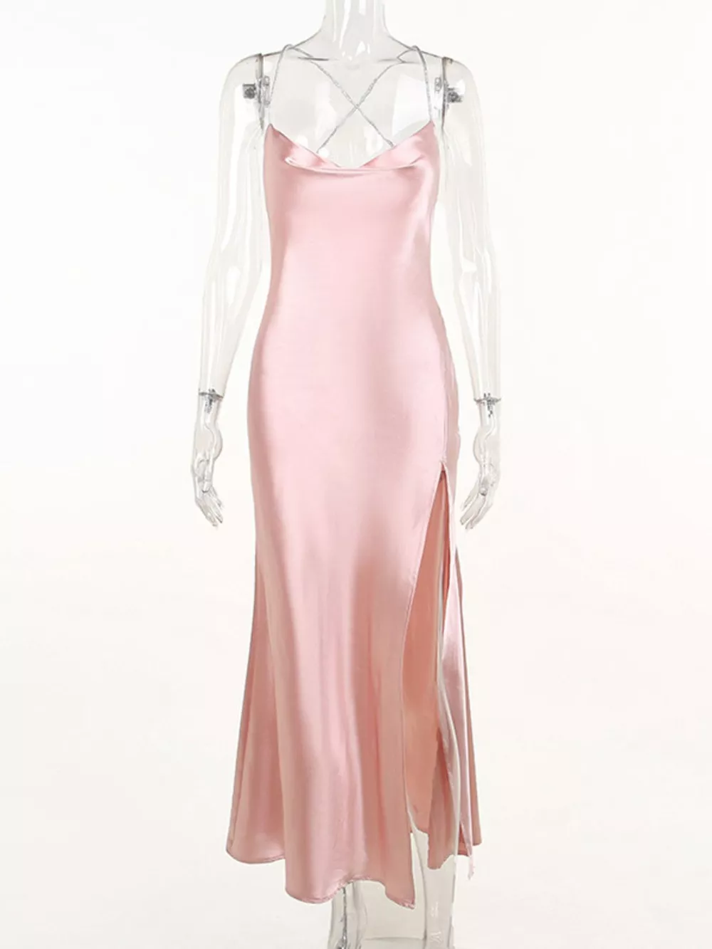Slinky Satin Cowl Neck High Slit Dress with Back Lace Up, image 2
