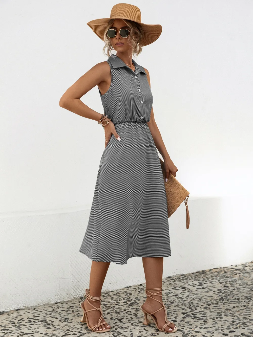 Striped Collared Neck Sleeveless Midi Dress, image 2