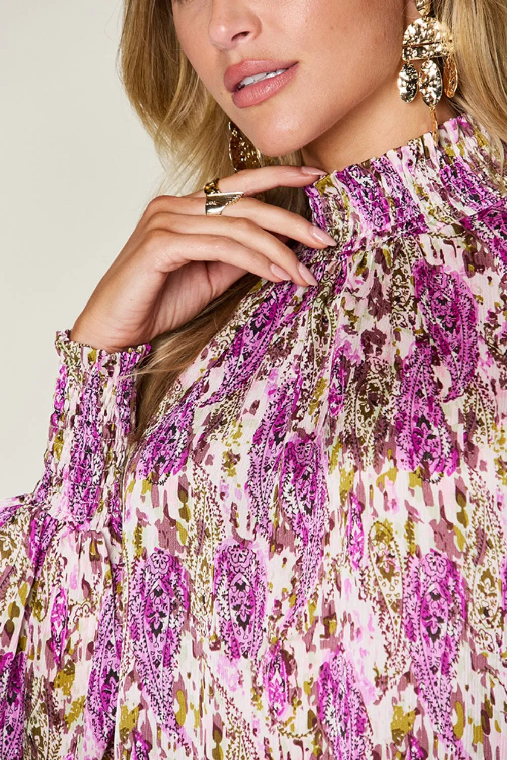 Full Size Printed Smocked Long Sleeve Blouse, image 27