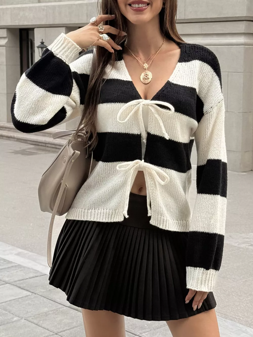 Striped Tie-Front Knit Cardigan