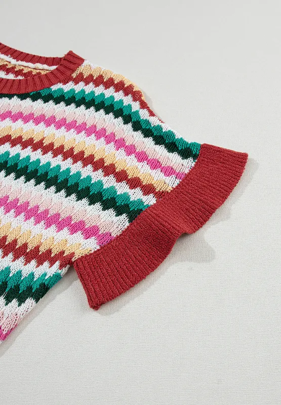 Contrast Round Neck Short Sleeve Sweater, image 2