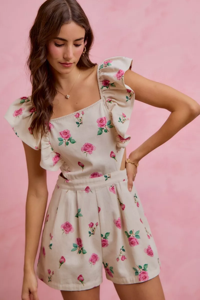 Floral Print Denim Cut Out Waist Ruffled Romper, image 10