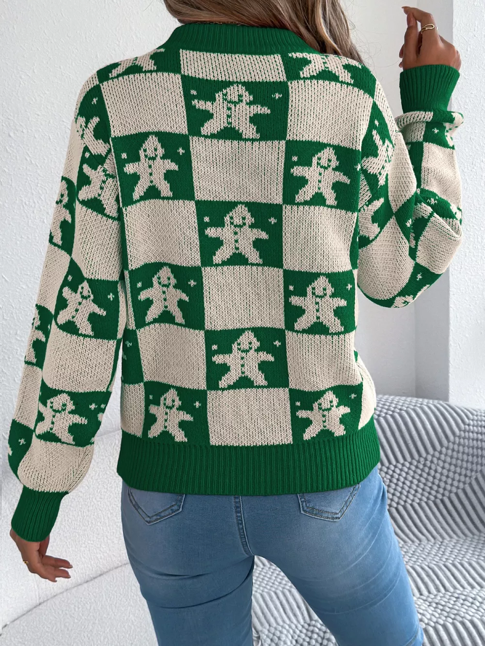 Christmas Checkerboard Gingerbread Round Neck Sweater, image 3