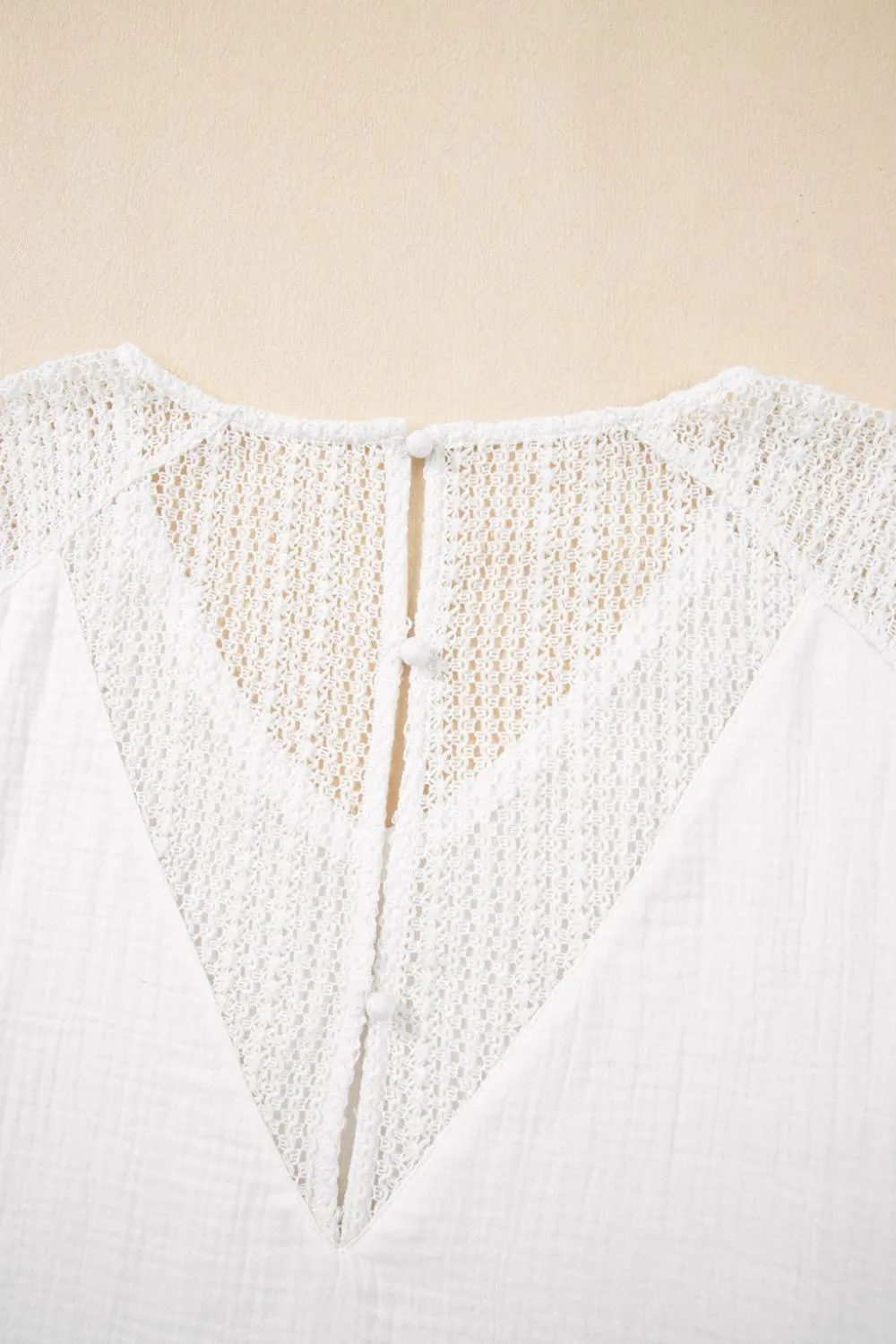 Lace Crochet Textured Button Back V Neck T Shirt, image 2