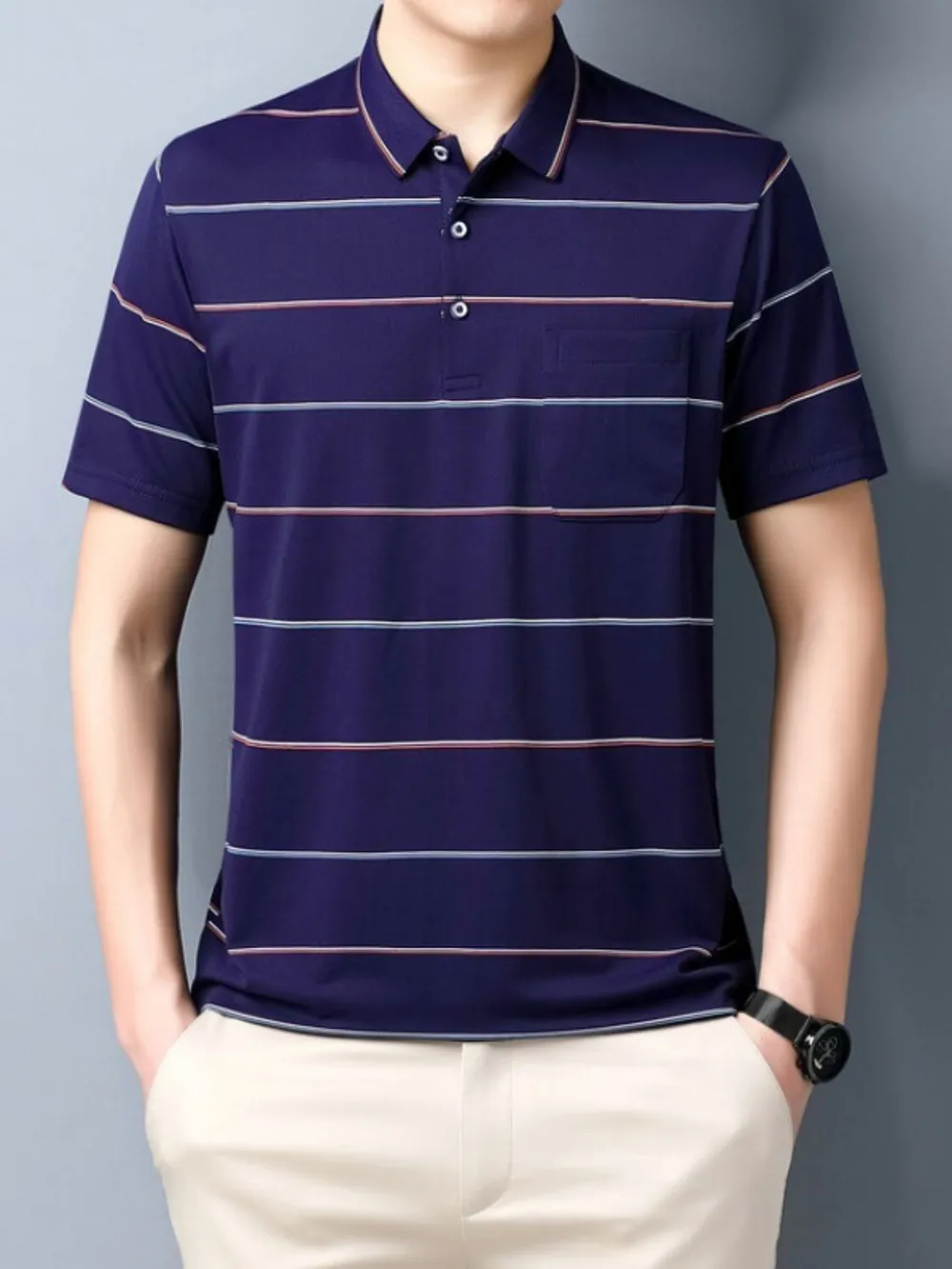 Men's Plus Size Striped Collared Neck Short Sleeve Polo, image 4