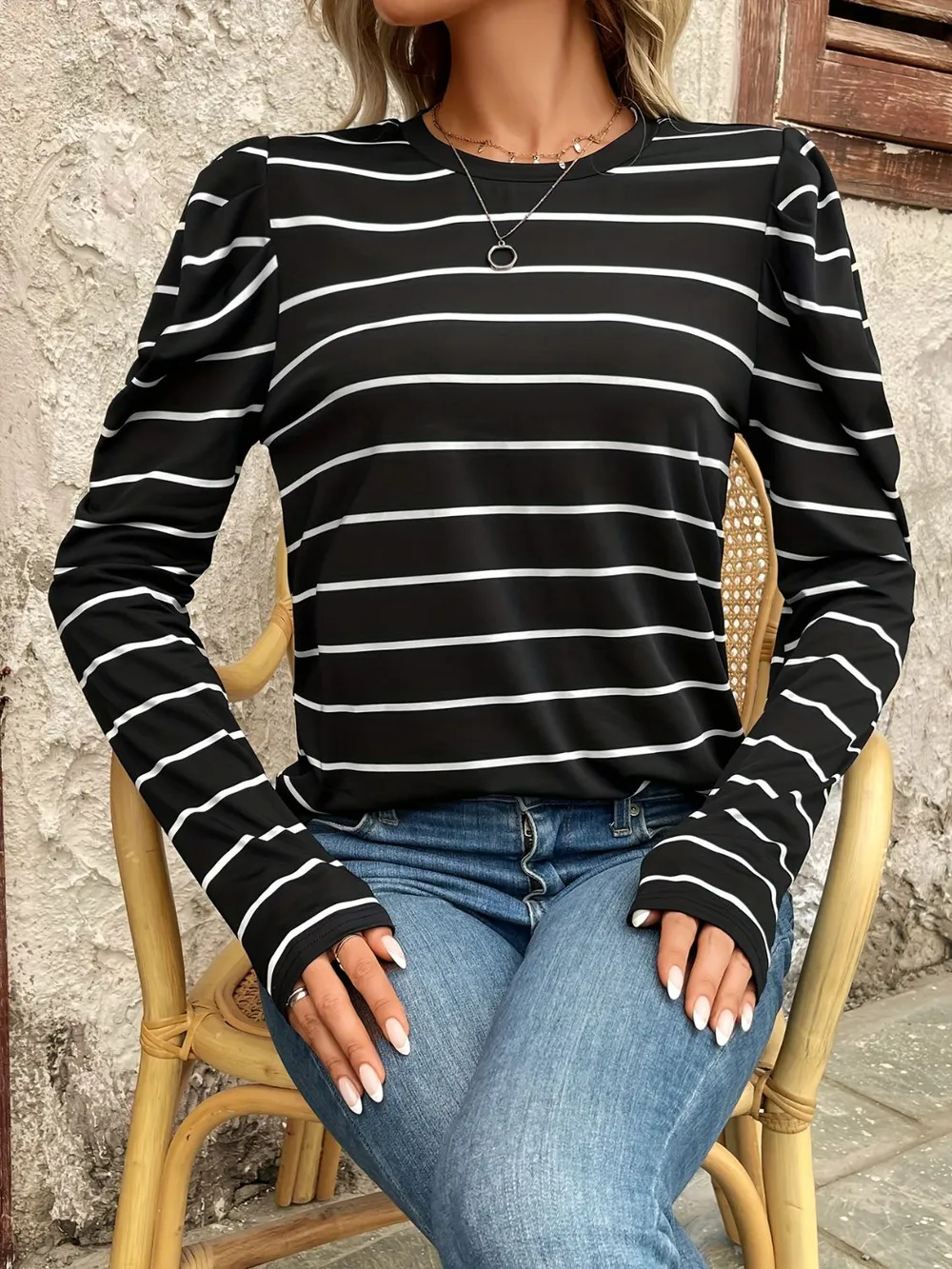 Full Size Striped Round Neck Puff Sleeve T-Shirt, image 3