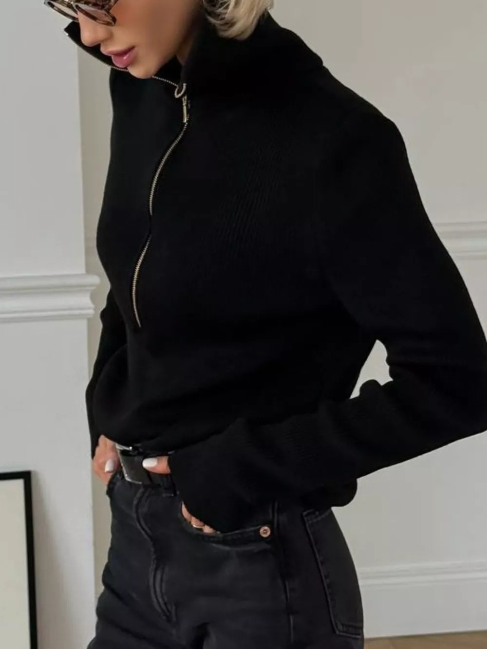 Ribbed Knit Quarter-Zip Sweater, image 10
