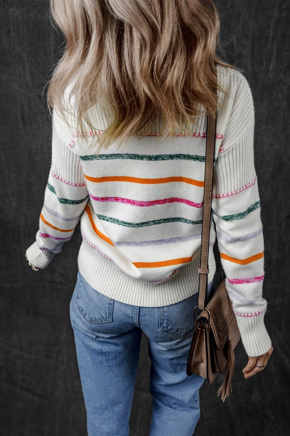 Striped Round Neck Dropped Shoulder Sweater, image 2