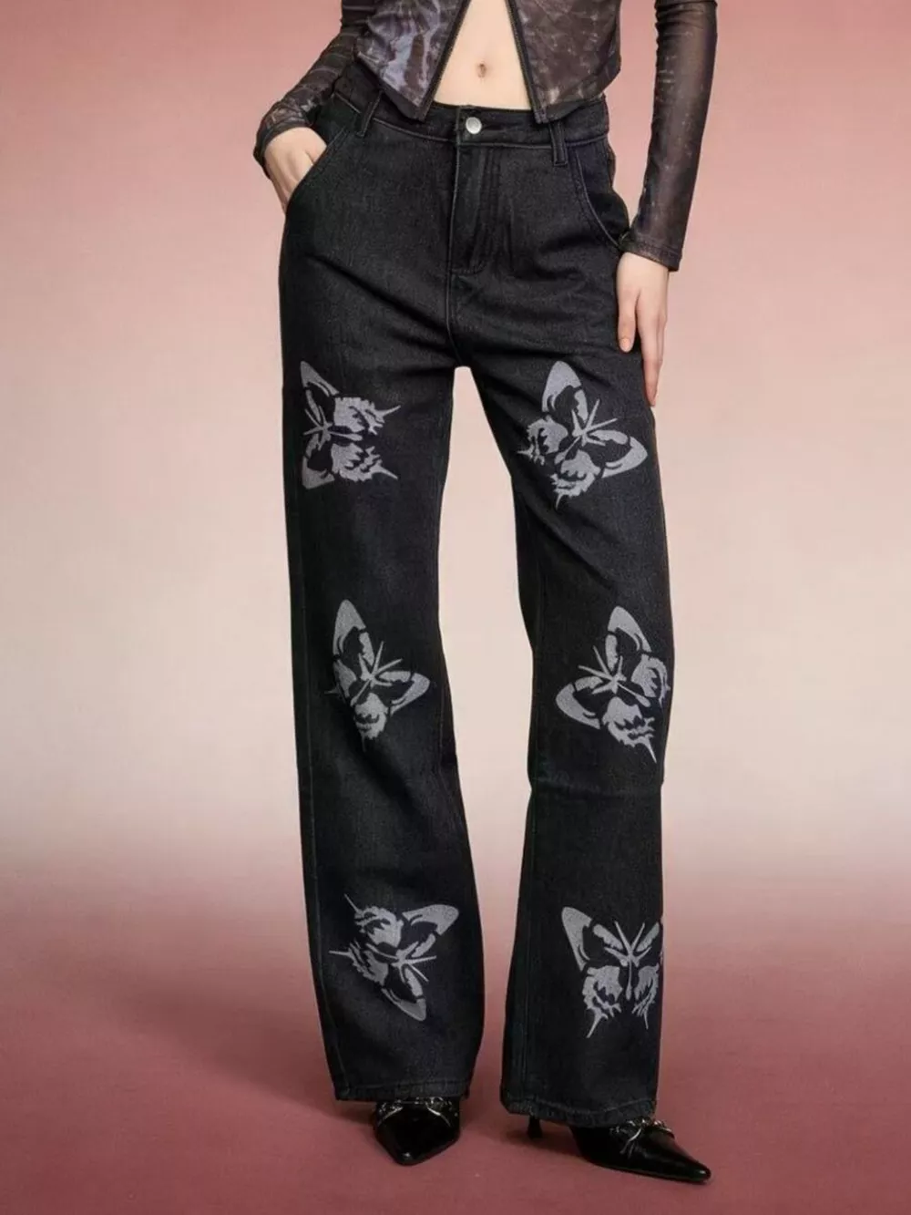 Butterfly Print High-Waisted Wide Leg Jeans, image 2