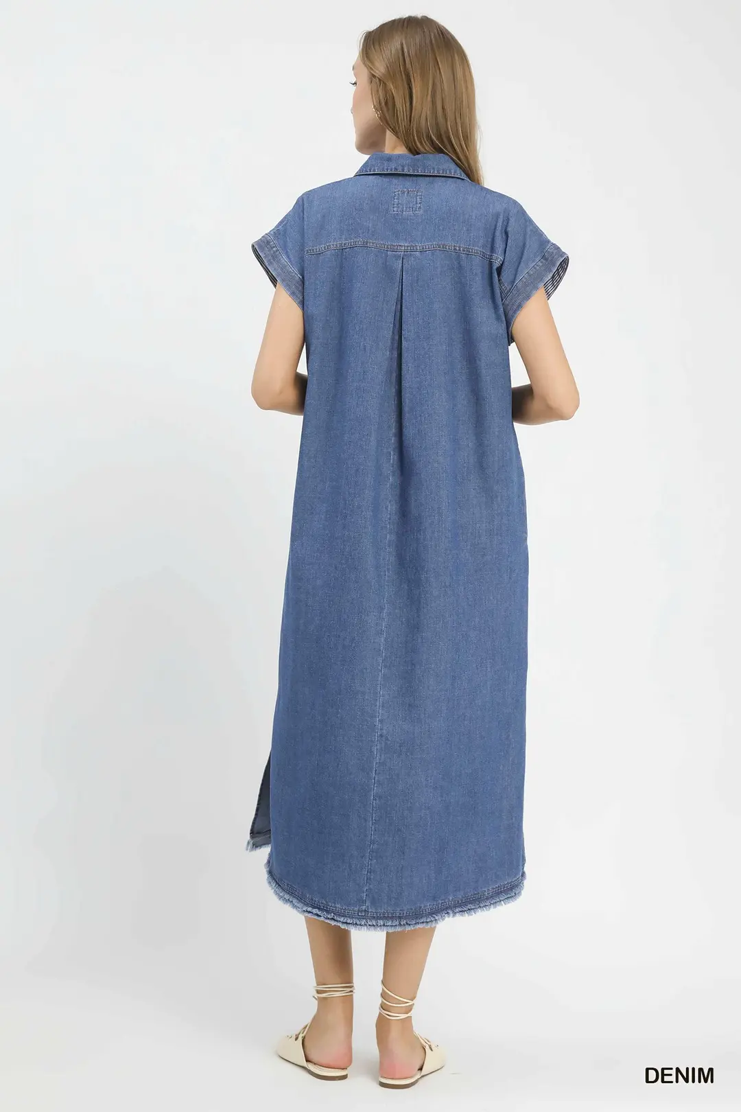 Stone Washed Collared Denim Midi Dress, image 3