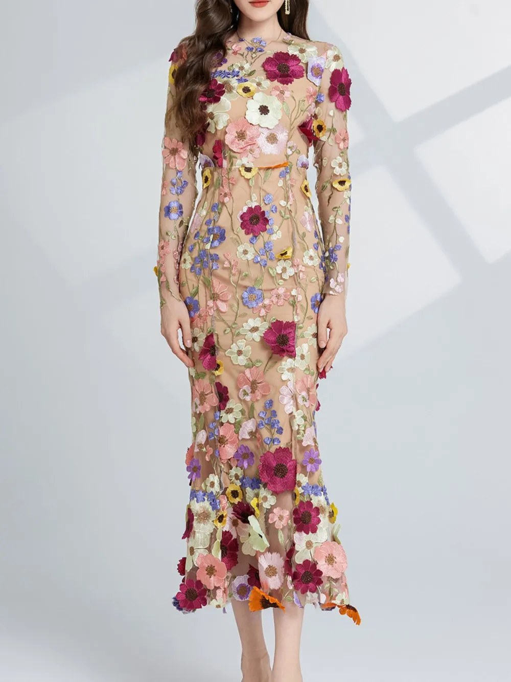 Floral Embroidered Mesh Long Sleeve Midi Dress, image 2