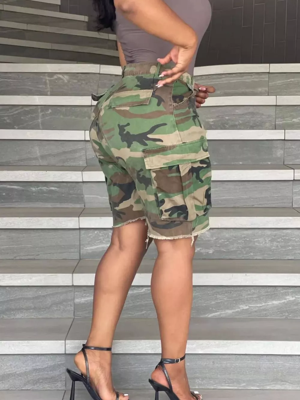 Camouflage Cargo Shorts with Raw Hem, image 6