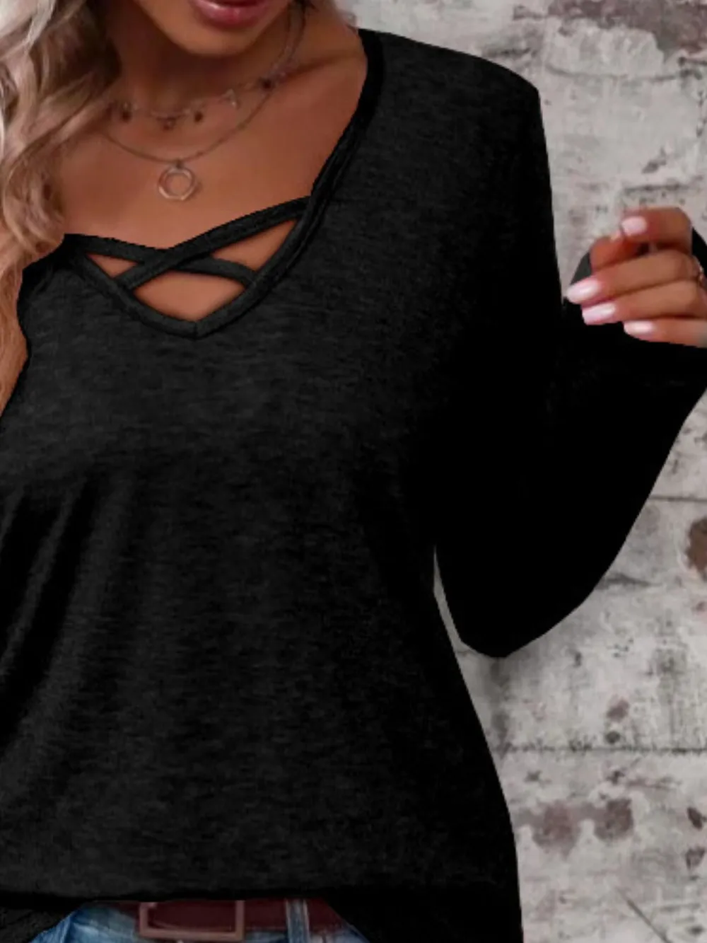 Crisscross V-Neck Long Sleeve T-Shirt, image 24