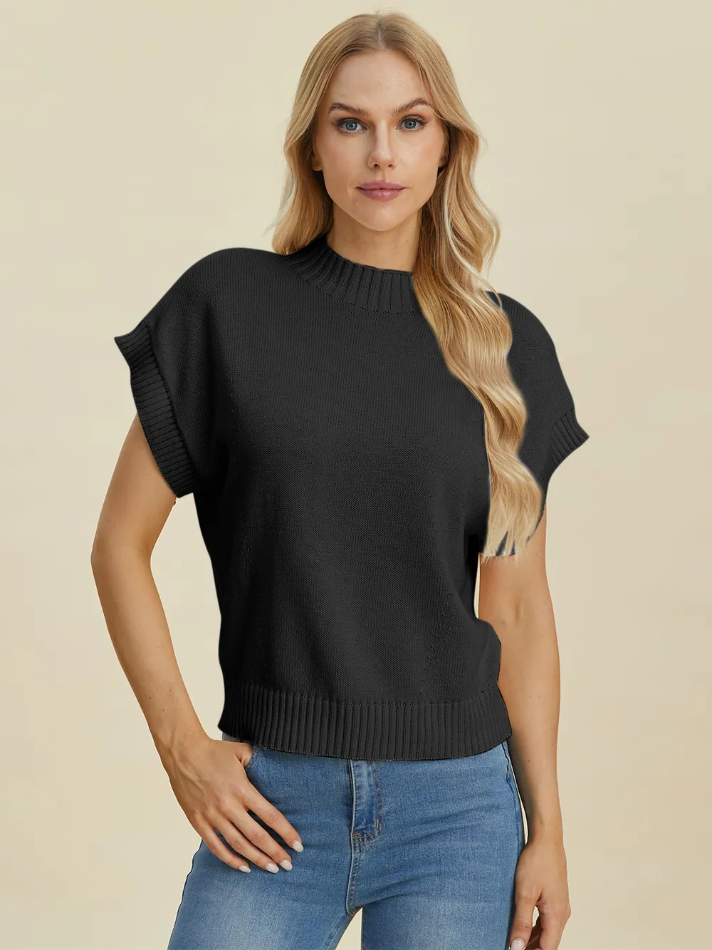 Full Size Mock Neck Short Sleeve Sweater, image 2