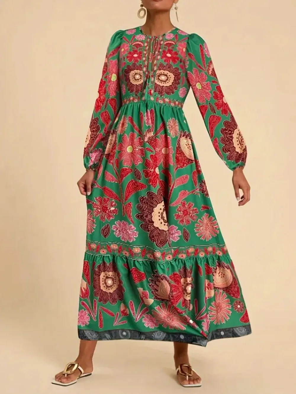 Floral Tie Waist Long Sleeve Dress, image 2