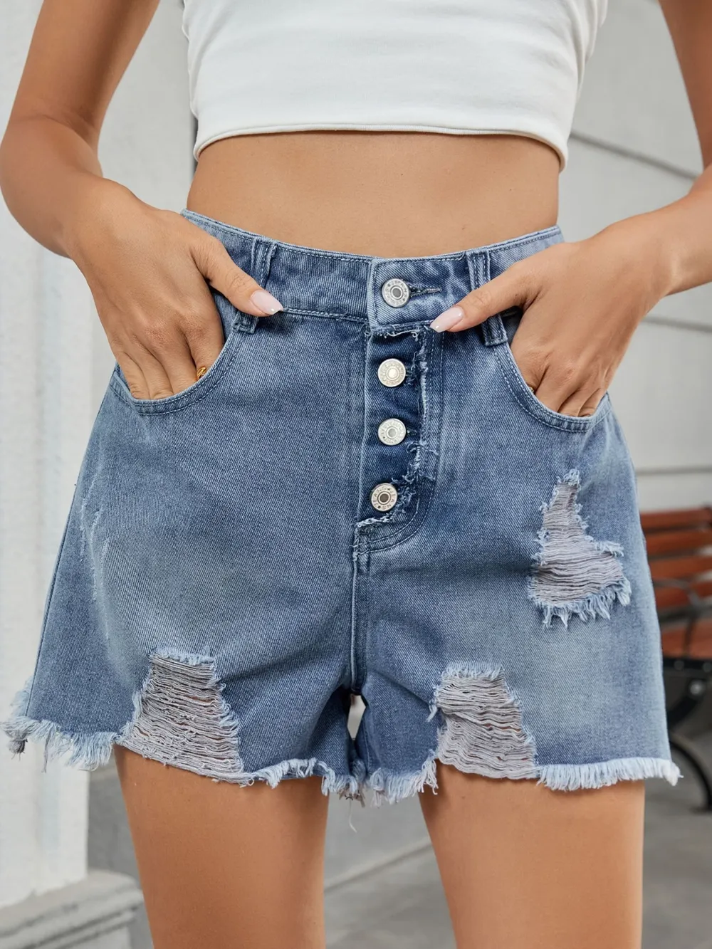 Distressed Raw Hem Denim Shorts, image 2