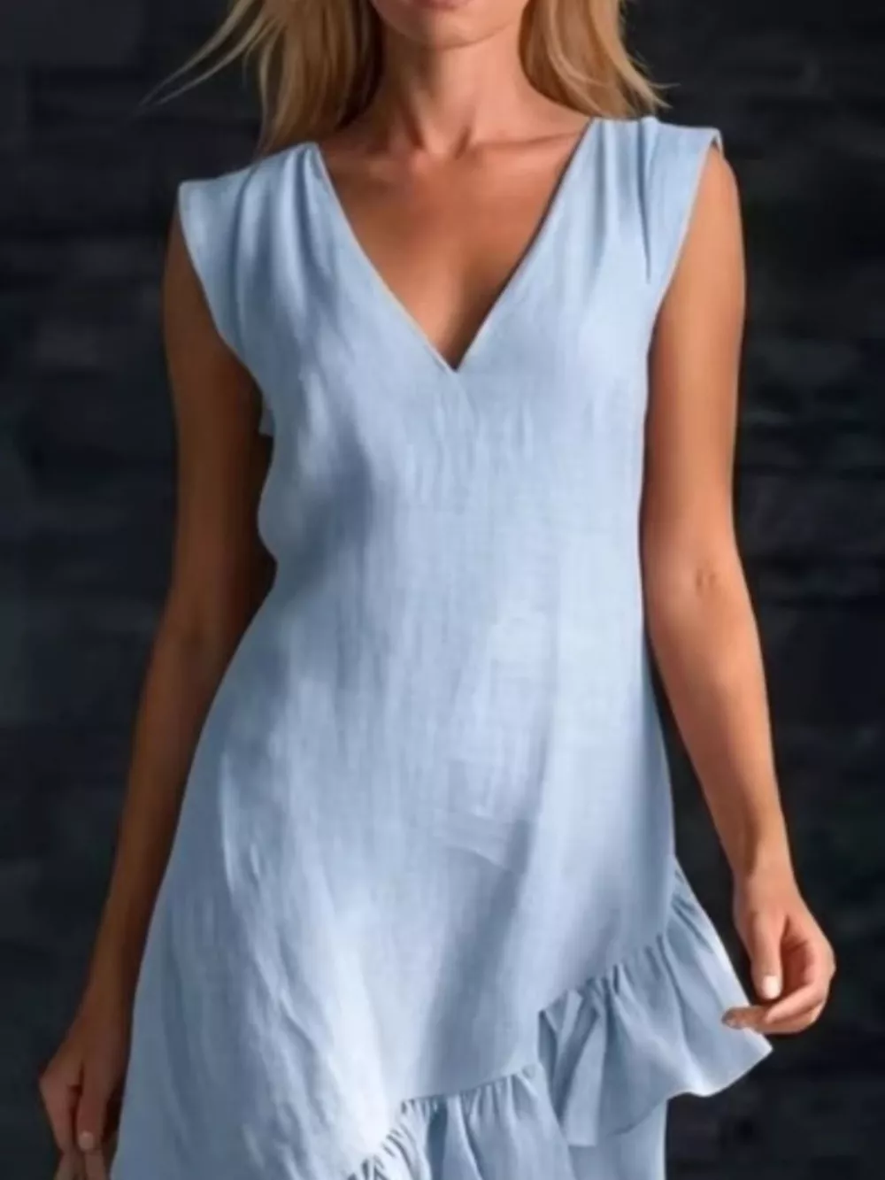 Sleeveless V-Neck Ruffle Hem High-Low Dress, image 9