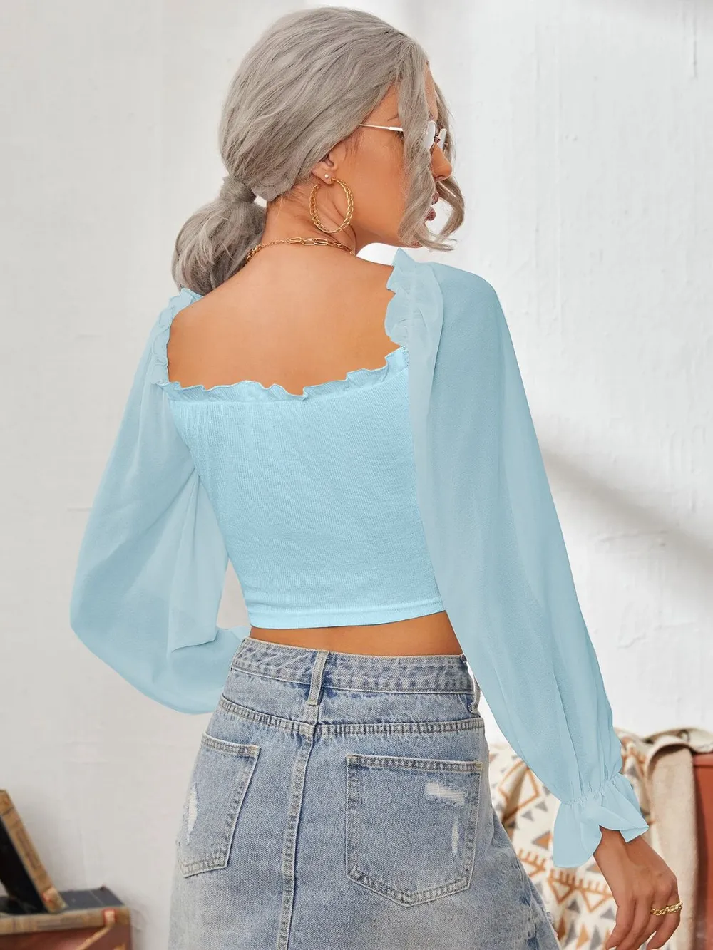 Mesh Sweetheart Neck Flounce Sleeve Top, image 9