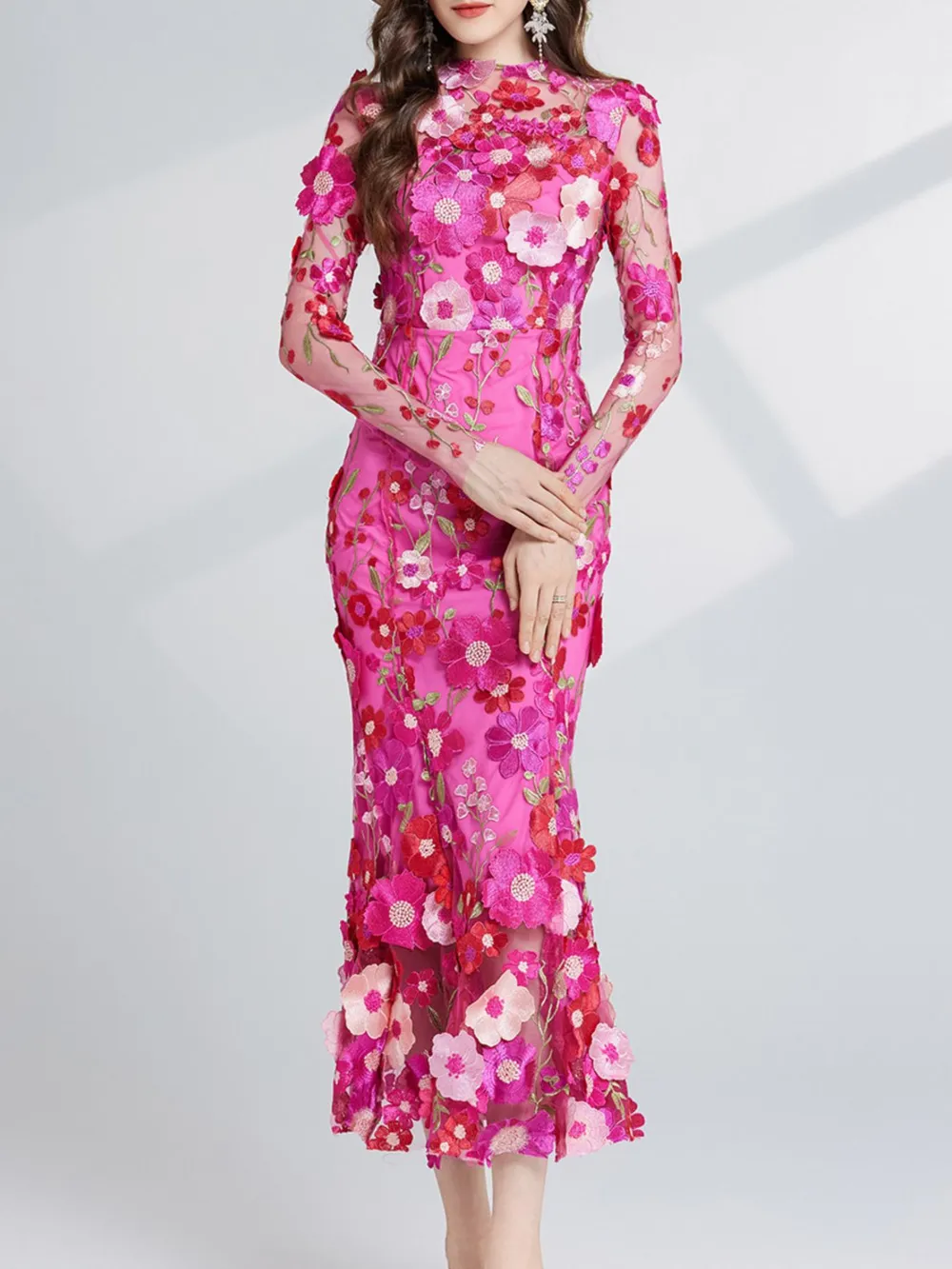 Floral Embroidered Mesh Long Sleeve Midi Dress, image 3