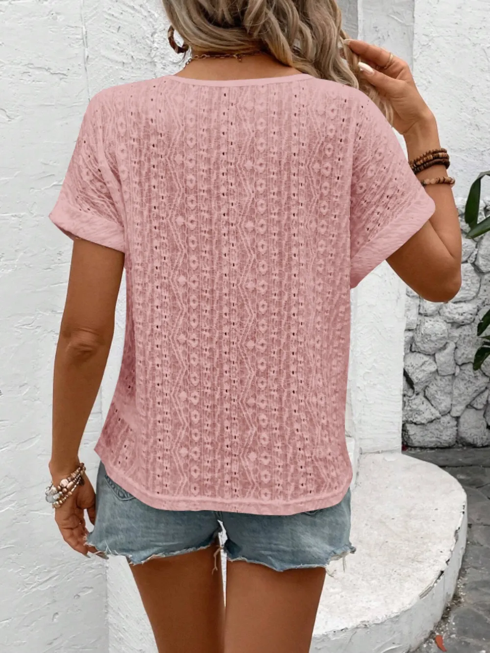 Eyelet Round Neck Short Sleeve Top, image 2