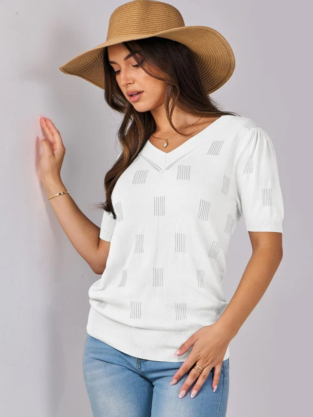 V-Neck Half Sleeve Knit Top, image 3