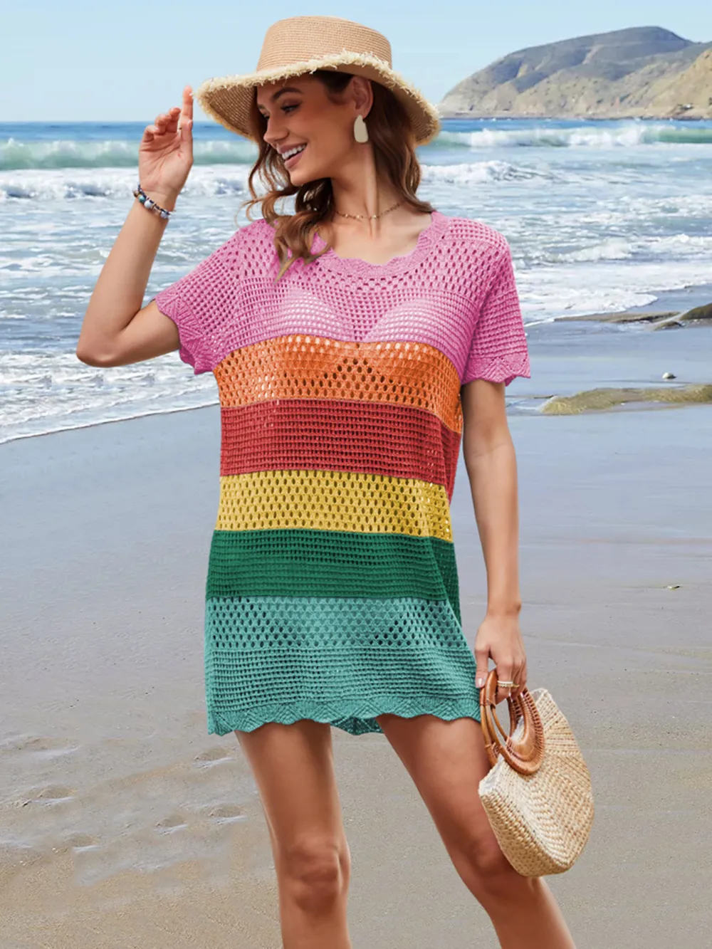 Openwork Round Neck Short Sleeve Cover-UP, image 2