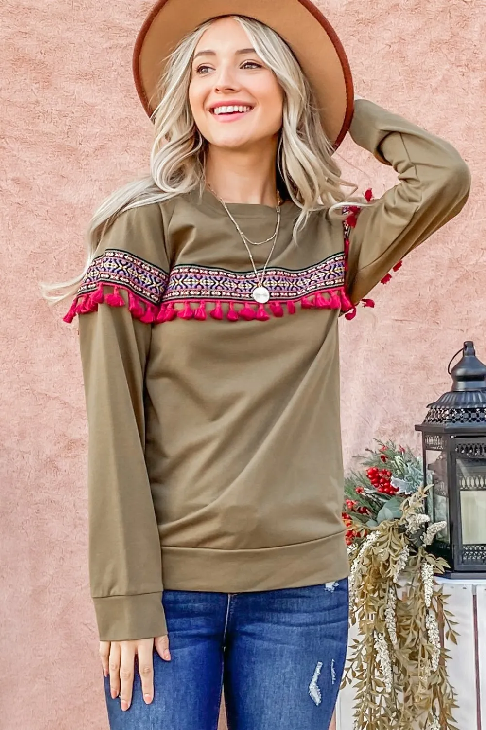 Ethnic Ribbon Tassel Trim Top, image 4