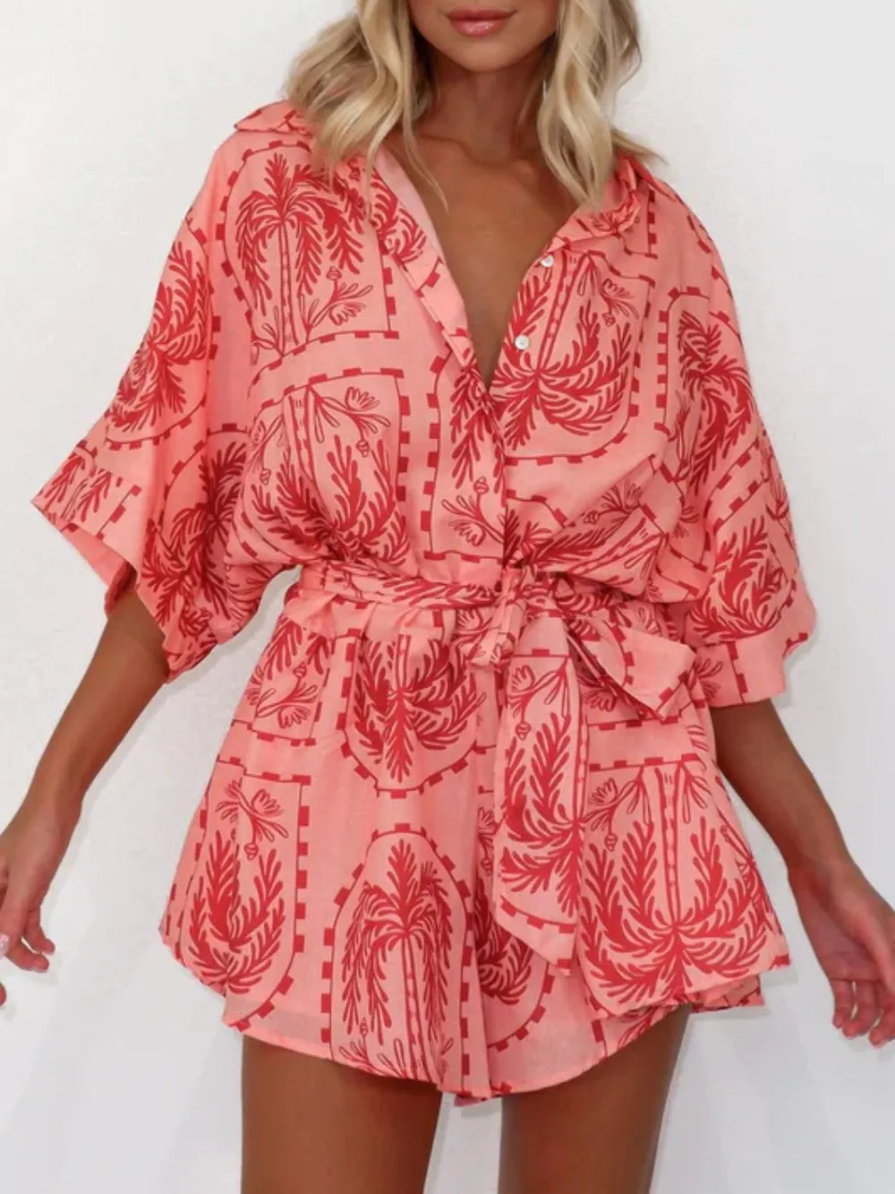 Printed Tie Waist Half Sleeve Romper, image 2