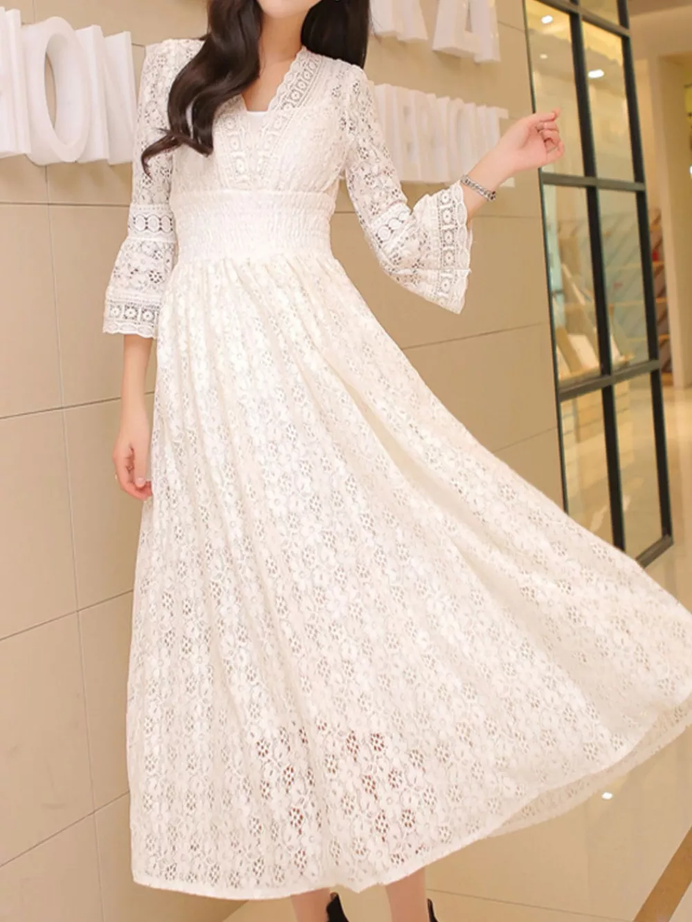Lace 3/4 Sleeve Midi Dress, image 3
