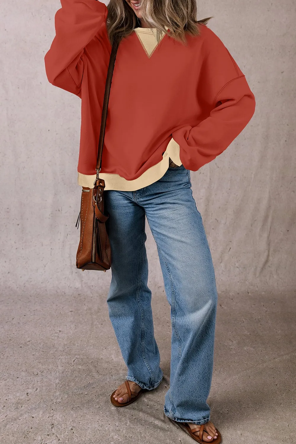 Contrast Round Neck Long Sleeve Sweatshirt, image 2