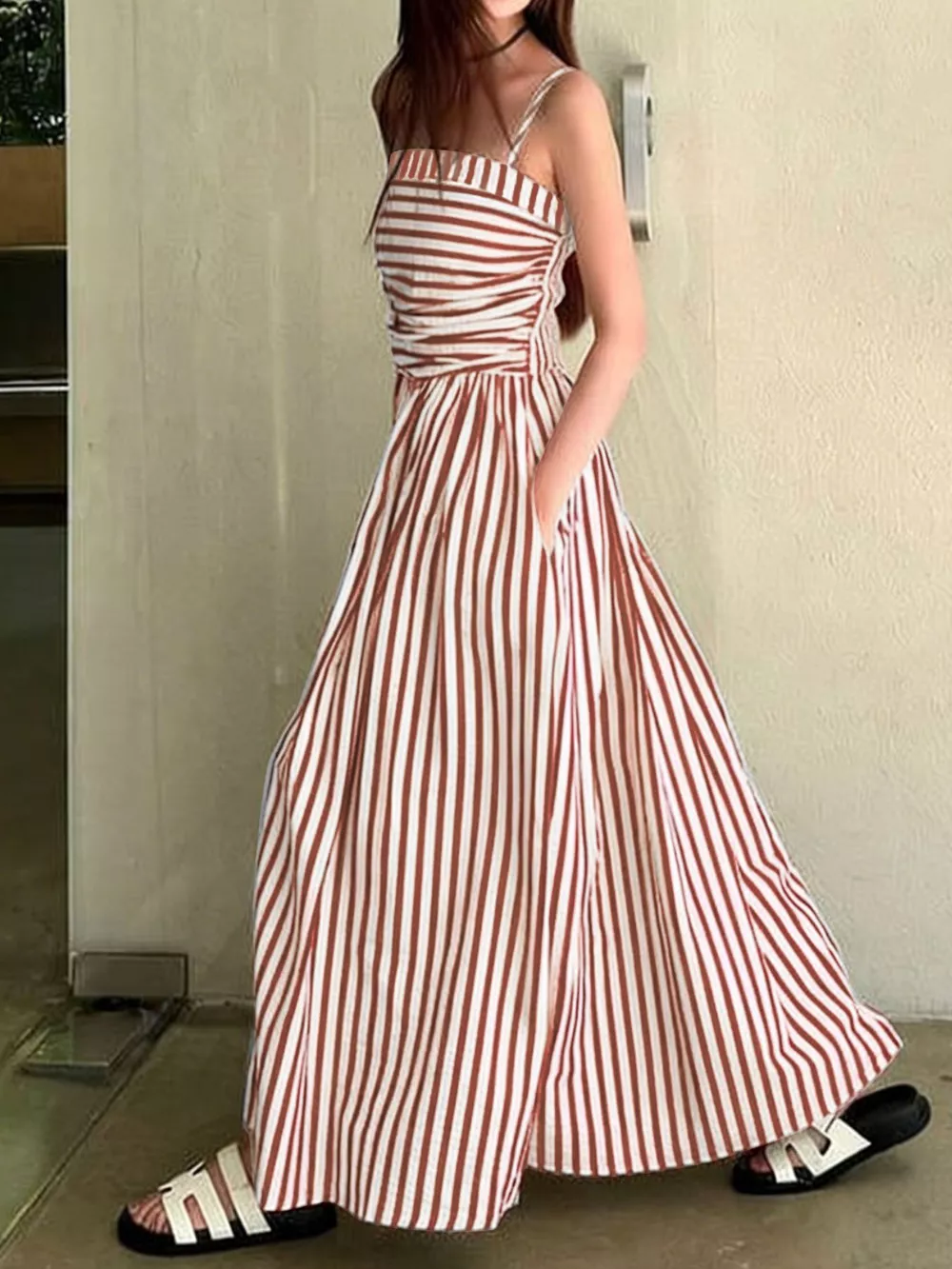 Striped Spaghetti Strap Casual Maxi Dress, image 2