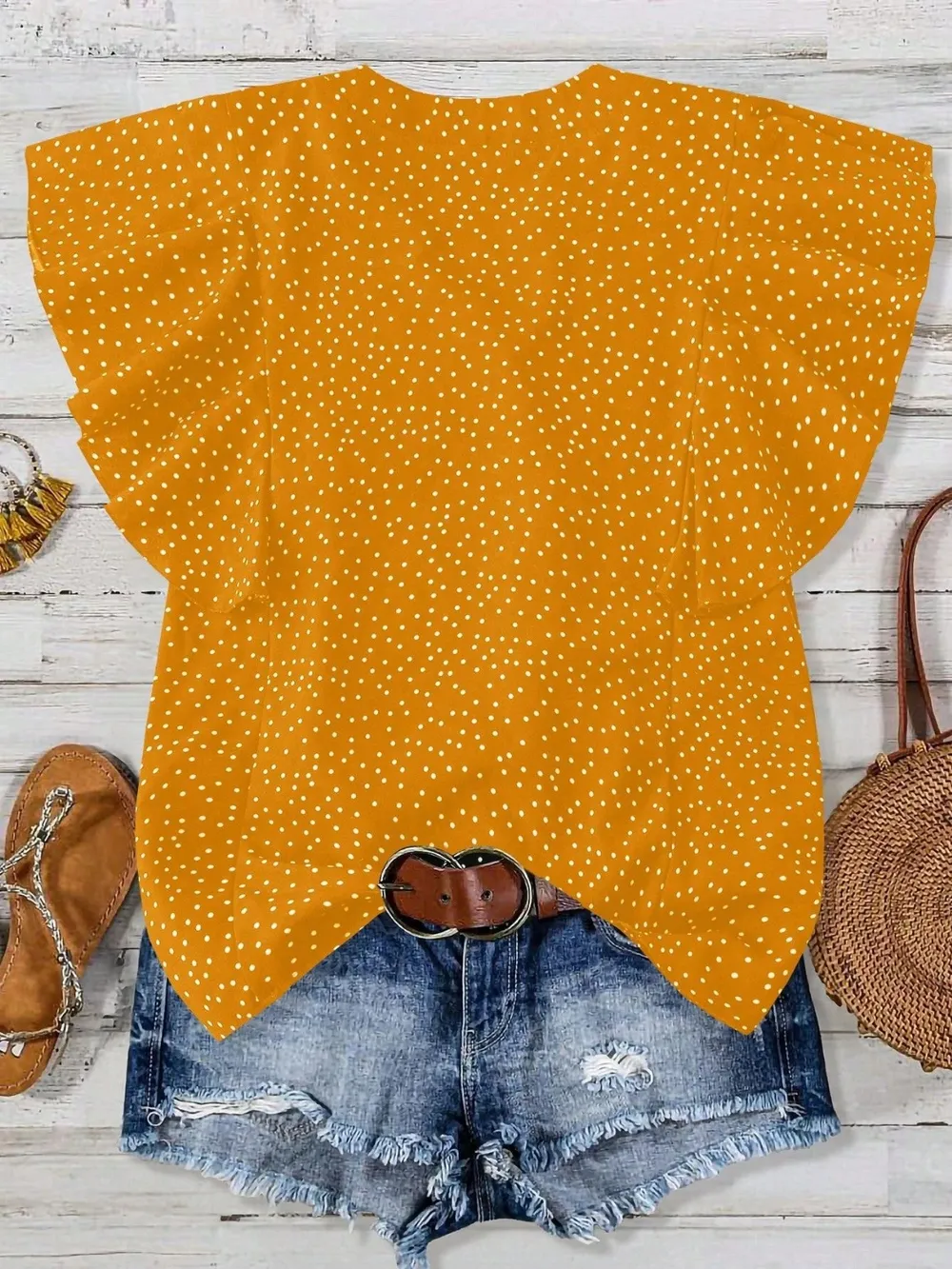 Polka Dot Notched Ruffled Cap Sleeve Blouse, image 2