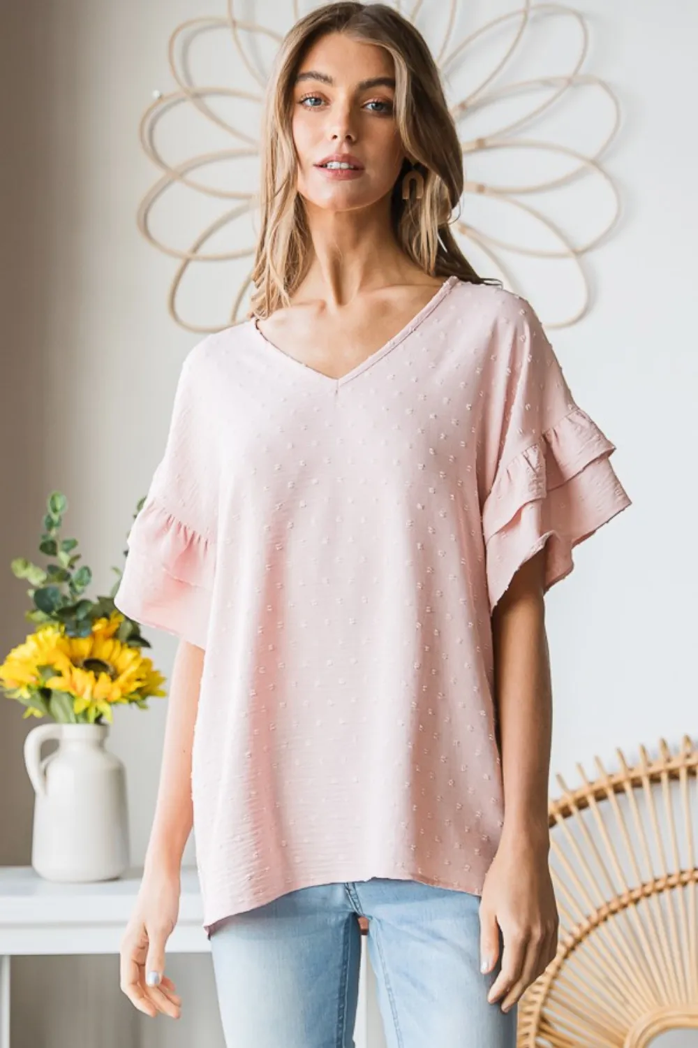Full Size Swiss Dot Ruffle Short Sleeve Top, image 4
