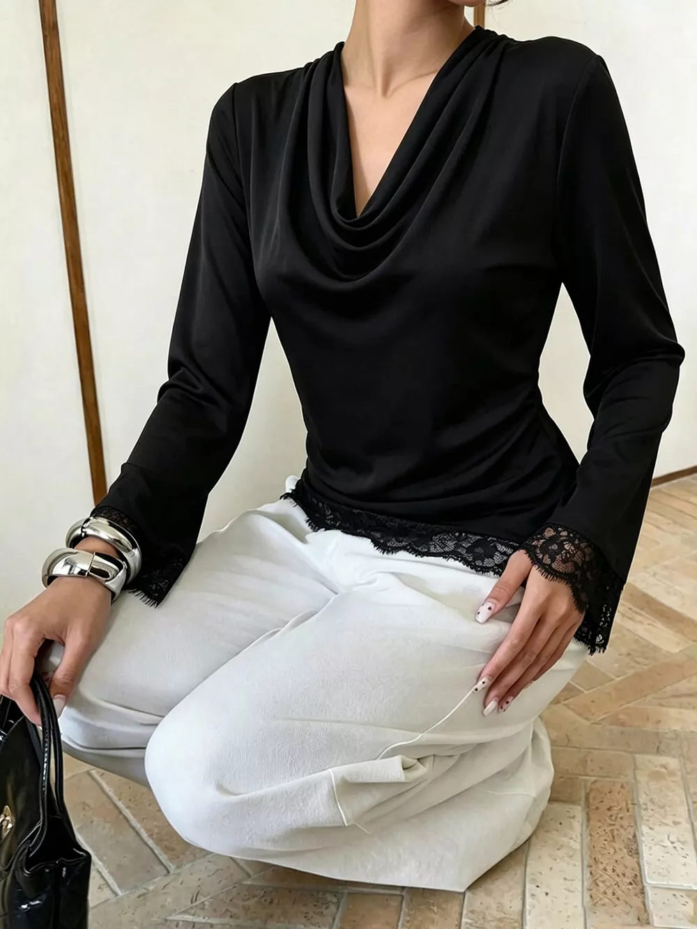Lace Trim Cowl Neck Blouse, image 5