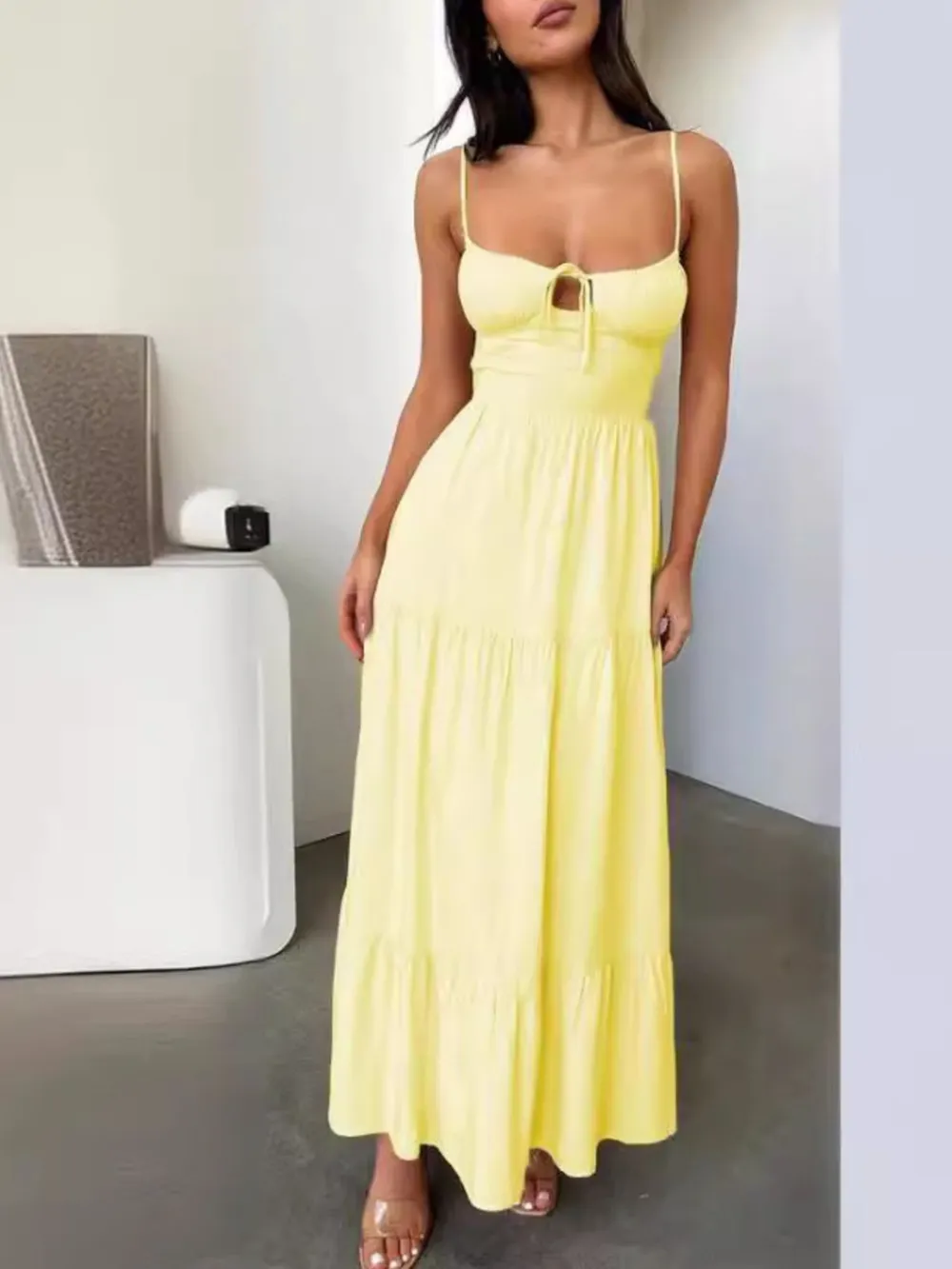 Tiered Lace Up Spaghetti Straps Maxi Dress, image 18