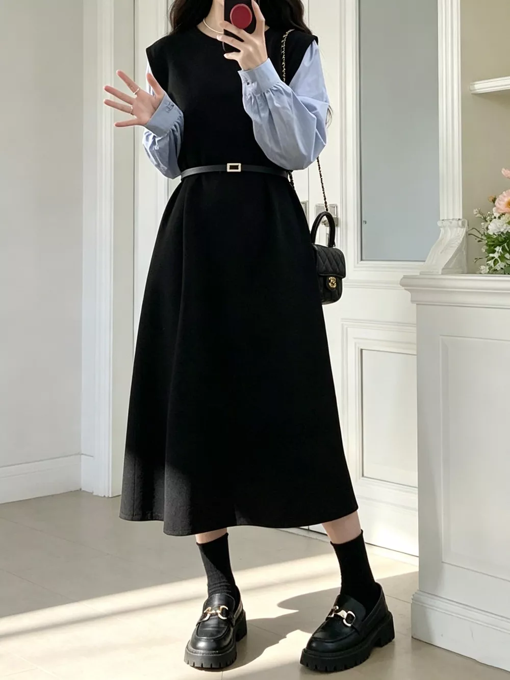 Contrast Sleeve A-Line Dress with Belt, image 2