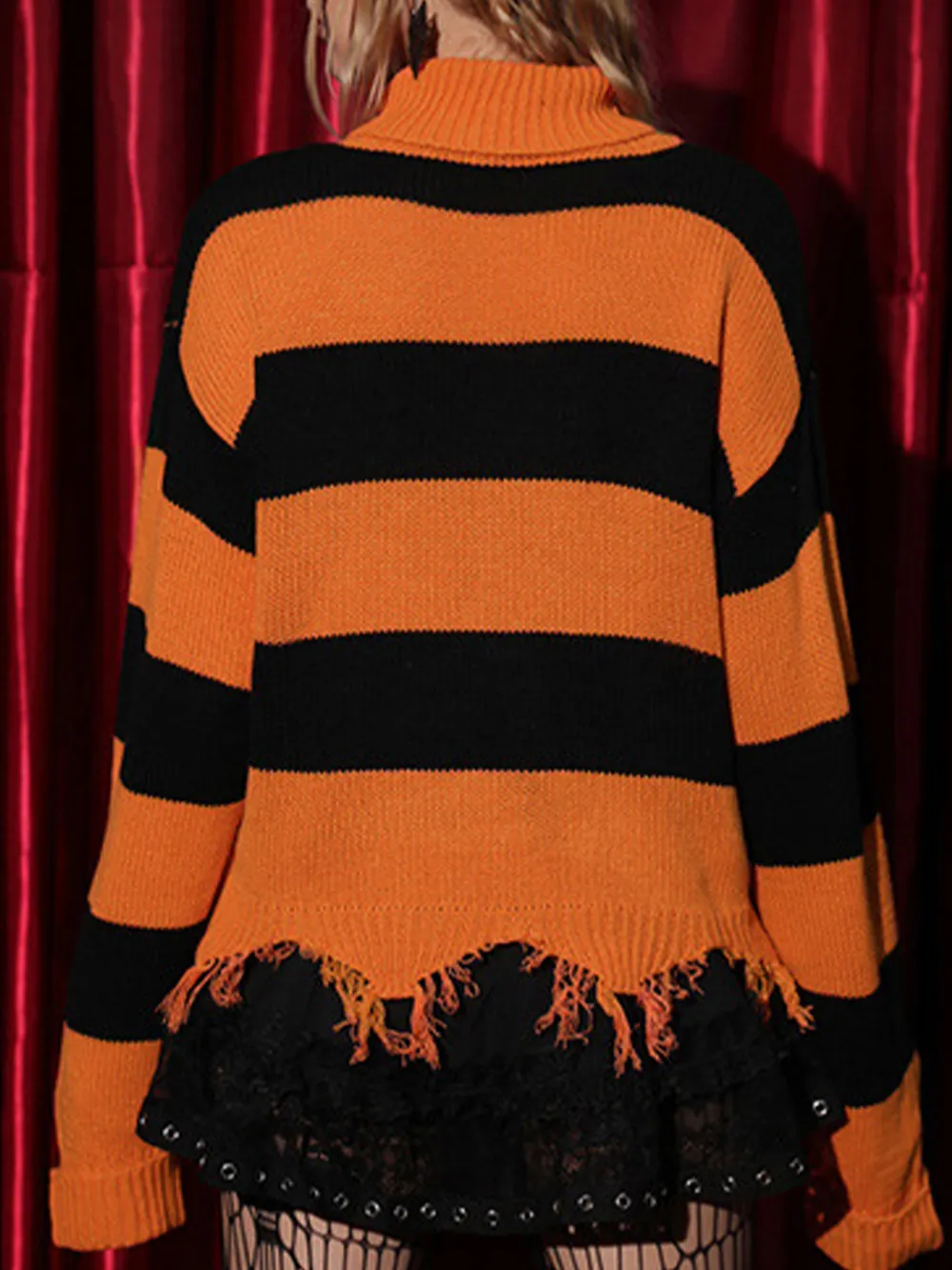 Raw Hem Contrast Turtleneck Long Sleeve Sweater, image 2
