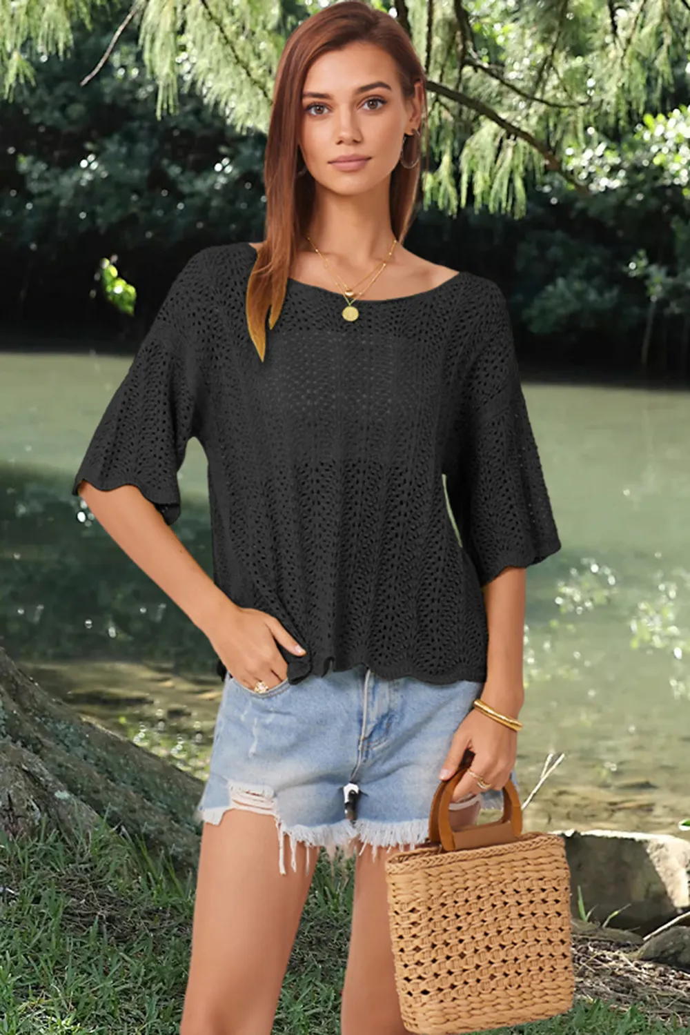 Openwork Round Neck Half Sleeve Knit Top, image 8