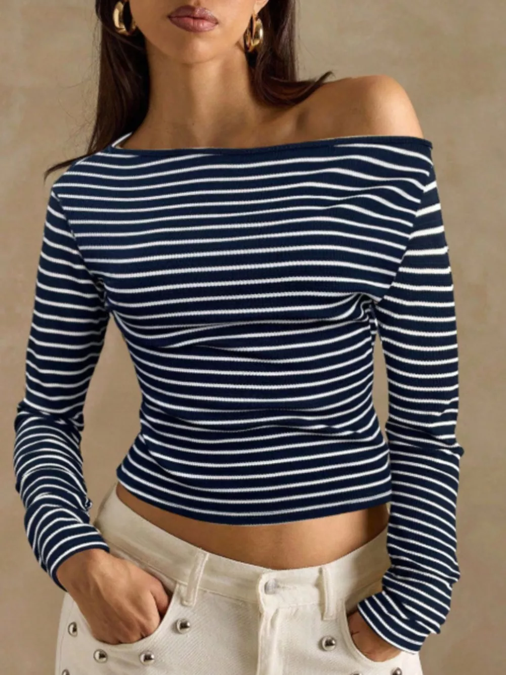 Off-Shoulder Striped Ribbed Long Sleeve T-Shirt, image 17