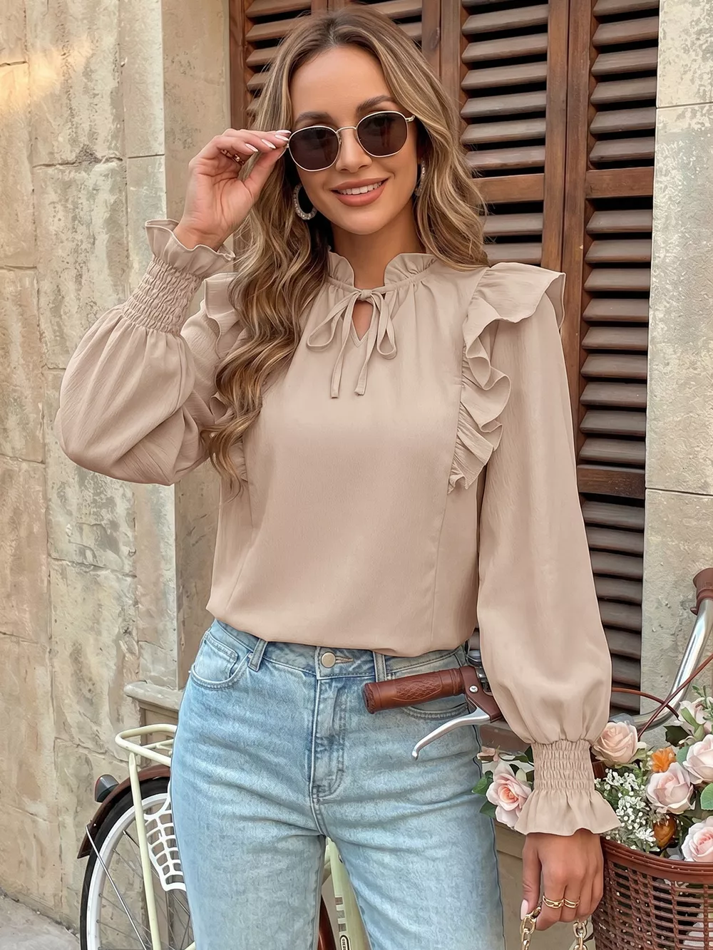 Ruffled Tie Neck Long Sleeve Blouse, image 5