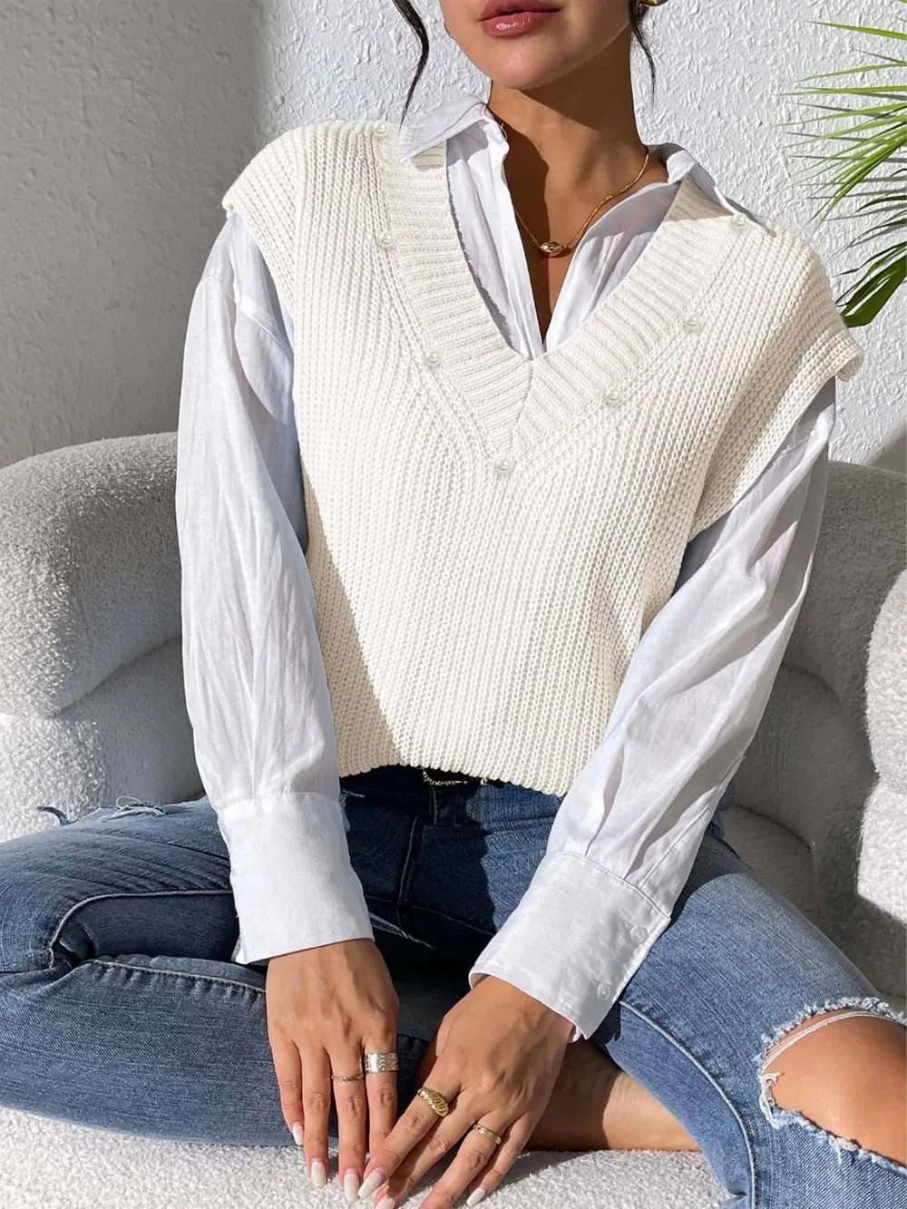 Pearl Trim V-Neck Sweater Vest, image 13