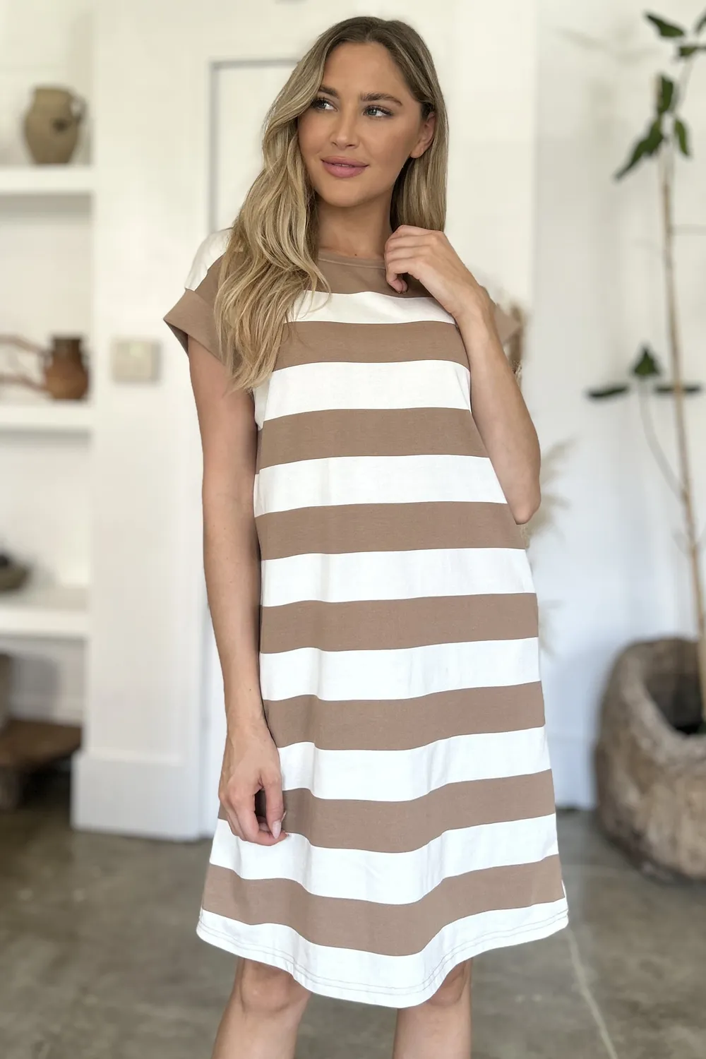 Full Size Striped Round Neck Cap Sleeve Mini Dress, image 2