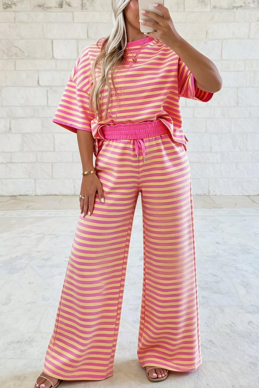 Stripe Colorblock Trim Crew Neck Loose Tee Drawstring Elastic Waist 2pcs Pant Set, image 11